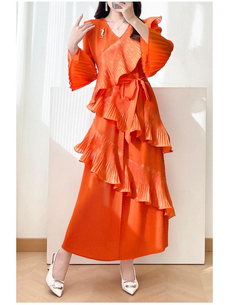 Elegant Plus Size Pleated Ruffle Lace-Up Dress