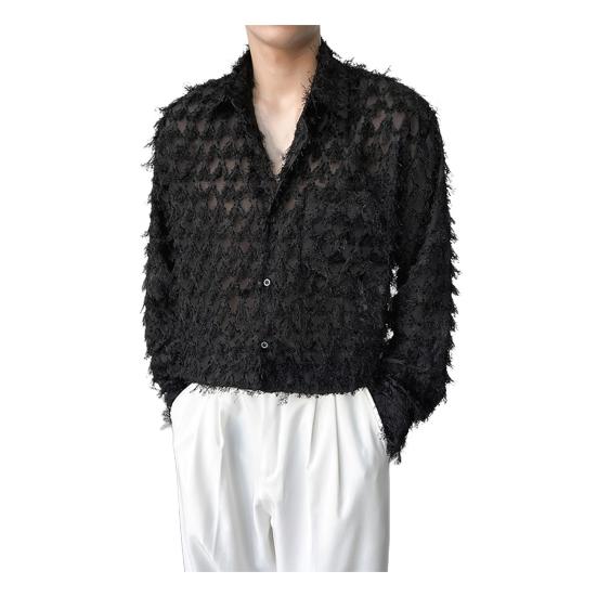 

Мужская рубашка с нагрудным карманом и кисточками, отложным воротником, однобортная, с длинными рукавами, однотонная, для праздничной рождественской вечеринки, клубный топ L чёрный