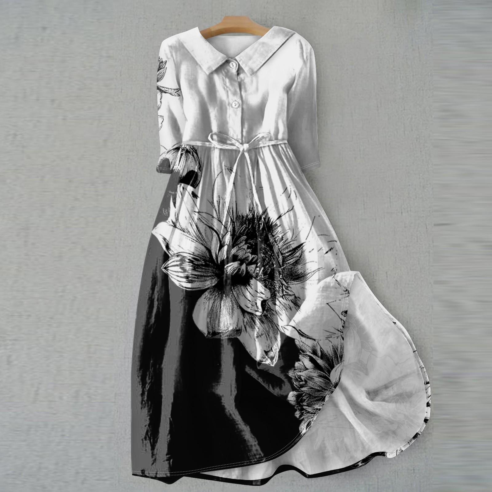 Женское модное платье с откидным воротником и рукавами 3/4 с принтом S розовый — фото 12