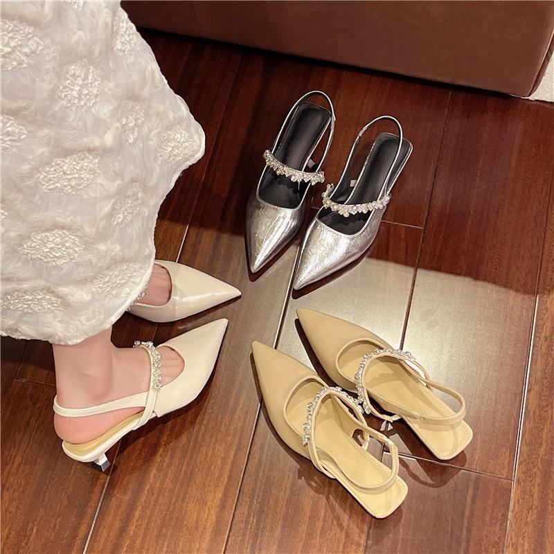 One word with rhinestone sandals women's summer new bag head half drag flat shoes pointed single shoes women's outer wear