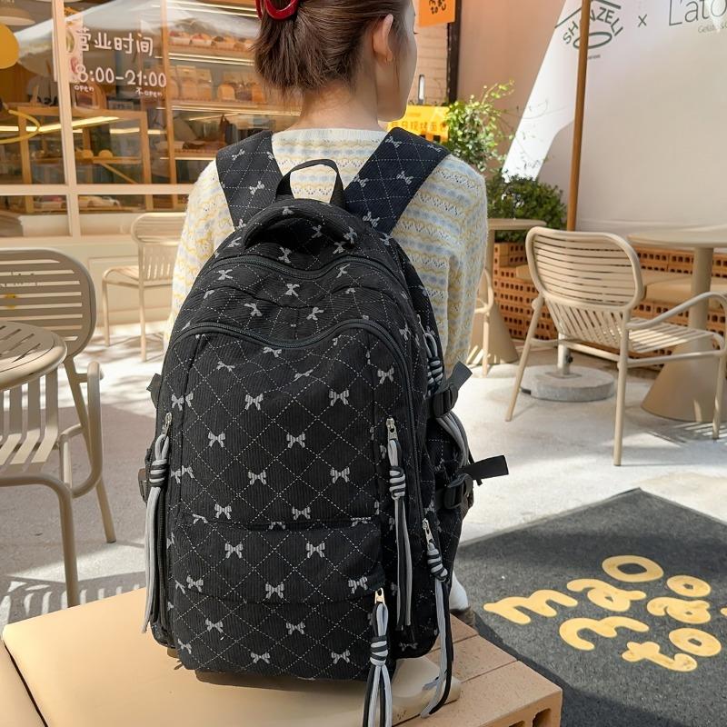 Bow Print Corduroy Backpack Casual Fashion Daily Bag Large Capacity School Bag for Students Minimalist Design Commute Travel with Tassel Accents