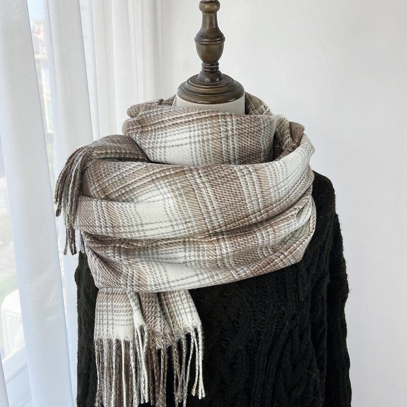 

1 шт. Echape Femme Hive Женский элегантный винтажный шарф-шаль из искусственного флиса - Толстый теплый зимний клетчатый полосатый с кисточками