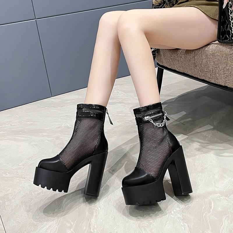 Fashion Open Toe Sexy High Heels Boots Women Fetish Air Mesh Platform Boots For Summer Breathable Gothic Nightclub Shoes Bride