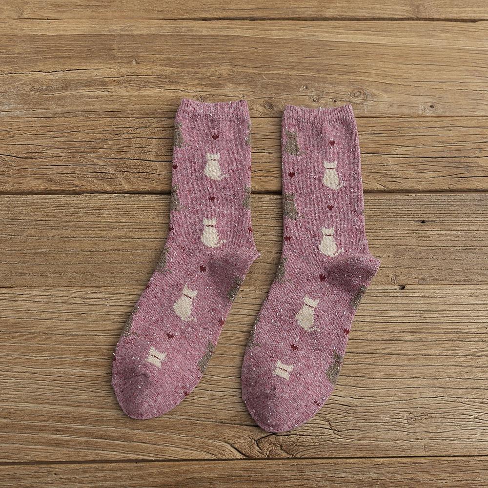 Women Socks Autumn And Winter Thicken Wool Middle Tube Socks Cute Cartoon Cat Printing Japanese College Style Loose Stockings