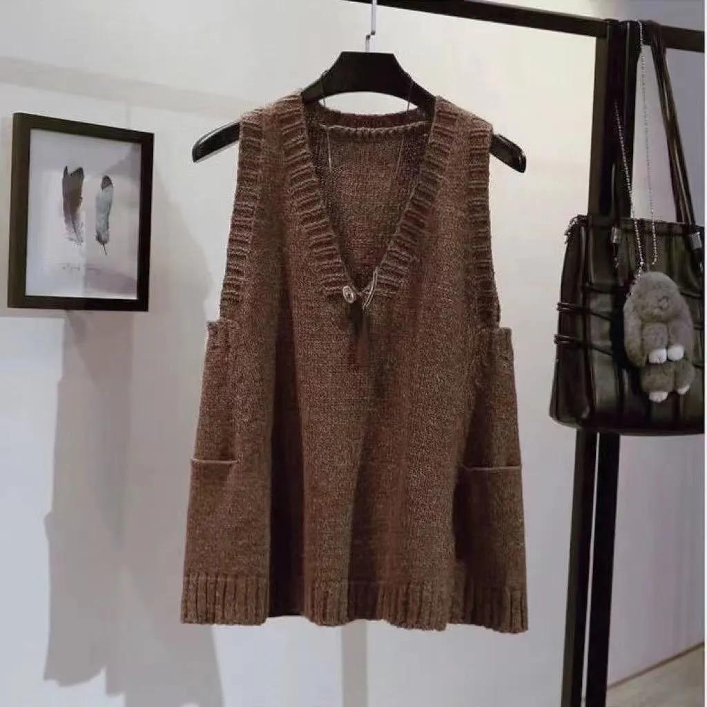 Women's Spring Autumn with Pockets and V-neck Plus Size Set Knitted A-line Sweater Loose Sleeveless T-shirt