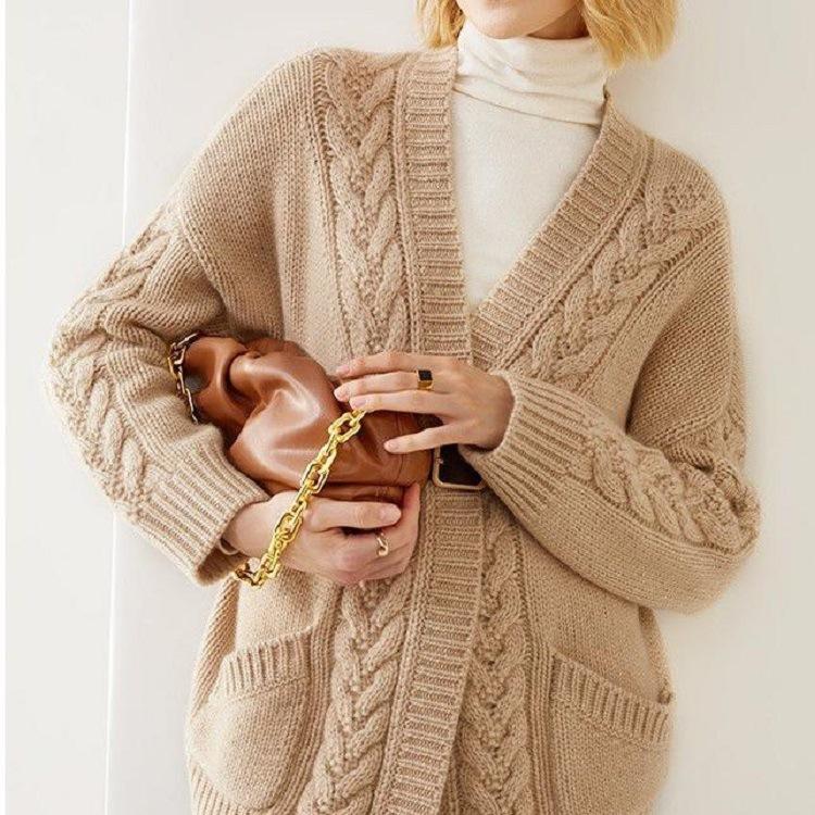 European and American V-neck Twist Sweater Women's Autumn and Winter Coat Wearing Lazy Wind Knitted Cardigan Top