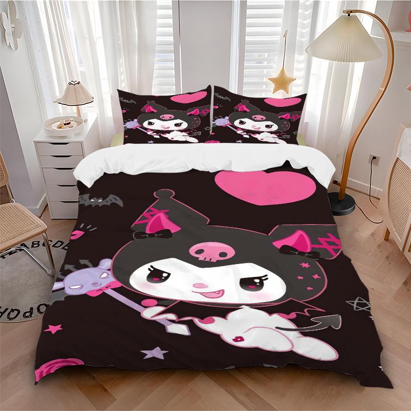 3pcs Cute Heart Kuromi Printed Quilt Set - Includes 1 Quilt Cover and 2 Pillowcases, Machine Washable - Suitable for All Seasons.S024
