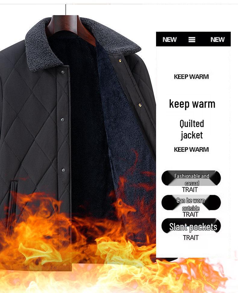 Men's Fleece-Lined Lapel Cotton Jacket - Casual, Warm Outerwear for Middle-Aged and Elderly Dads
