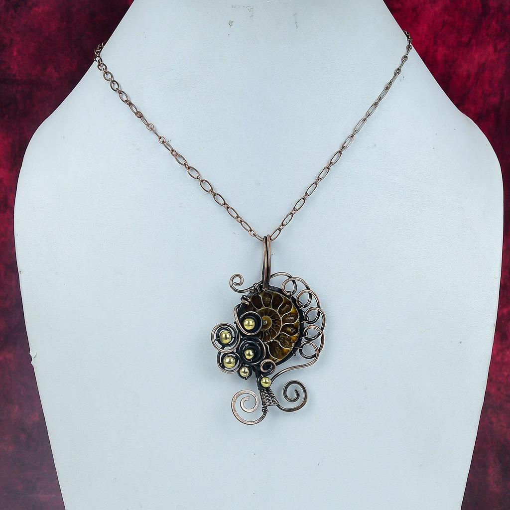 Ammonite Fossil Pendant Copper Wire Wrapped Jewelry Gemstone Handmade Pendant