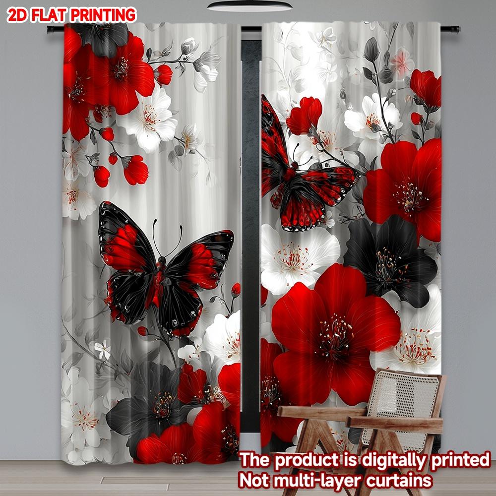 

Flat Printing Happy Valentine Day Scene Curtain Red White Black Flowers Digital Printed Polyester Drapes Party Set Of 2 Made Washable W100*H70(CM)-Rod Pocket&2PCS
