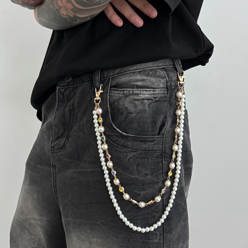 Ingemark Hip Hop Imitation Pearl Colorful Rhinestone Jeans Pants Chain Men Trend Creative Metal Pendant Bag Chain Couple Jewelry