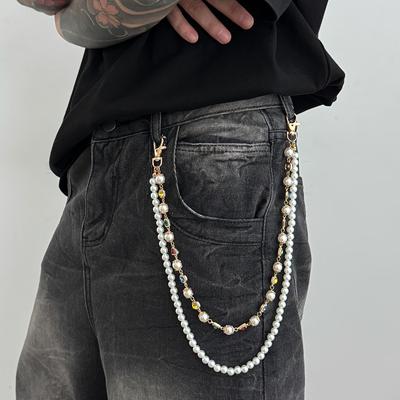 Ingemark Hip Hop Imitation Pearl Colorful Rhinestone Jeans Pants Chain Men Trend Creative Metal Pendant Bag Chain Couple Jewelry