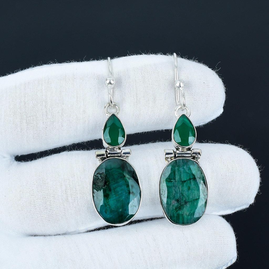 Elegant Emerald Gemstone Earrings, 925 Sterling Silver Earrings, Party Wear Jewelry, Dangle Drop Earrings For Anniversary Gifts