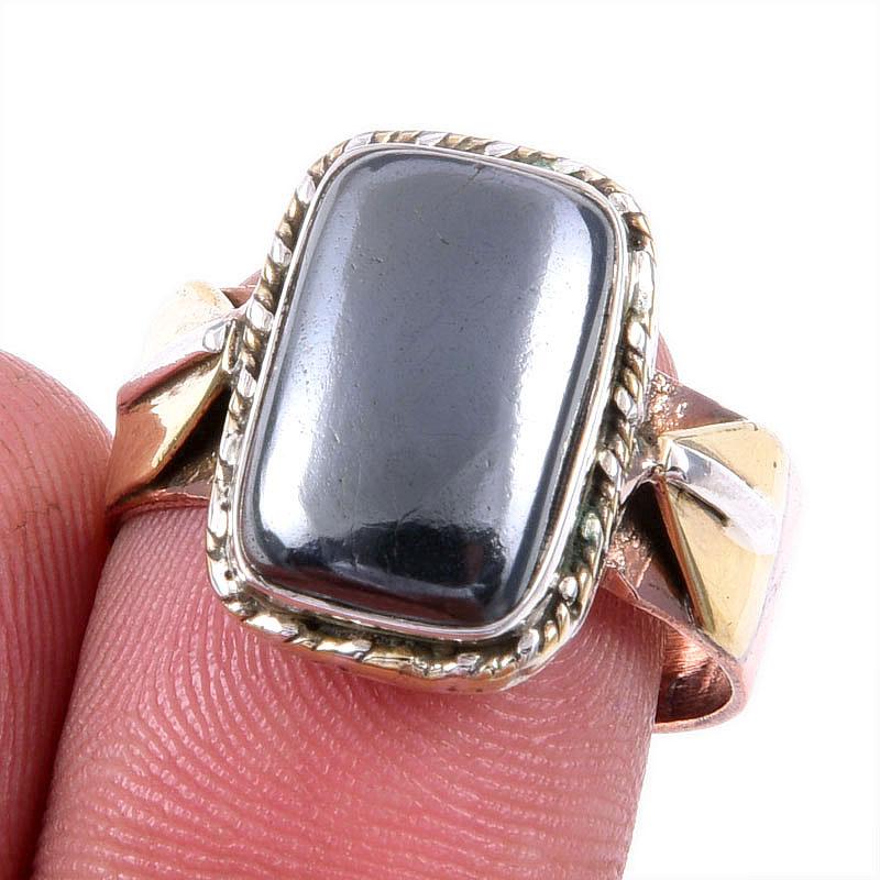 

Natural Gunmetal Gemstone 925 Solid Silver Jewelry Two Tone Ring Size 8.5US T4r56