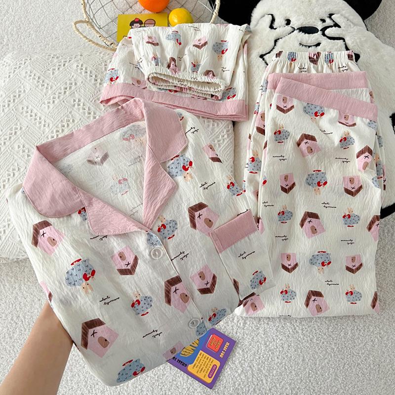 

Fashion Contrasting Color Short-Sleeved Pajamas Women S Summer Cloud Cotton Sweet House Loungewear Three-Piece Set 2XL