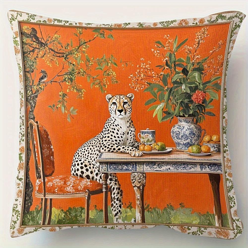 1Pc Orange Background Cheetah Dining Table Throw Pillow Cover,Suitable For Sofa,Bedroom,Living Room,A Unique Gift For Art Lovers
