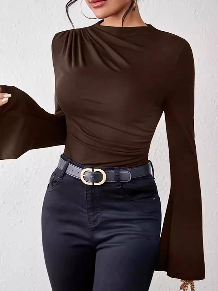 Women's Autumn-Winter Pleated Base Layer Top with Flare Sleeves and Half High Neck