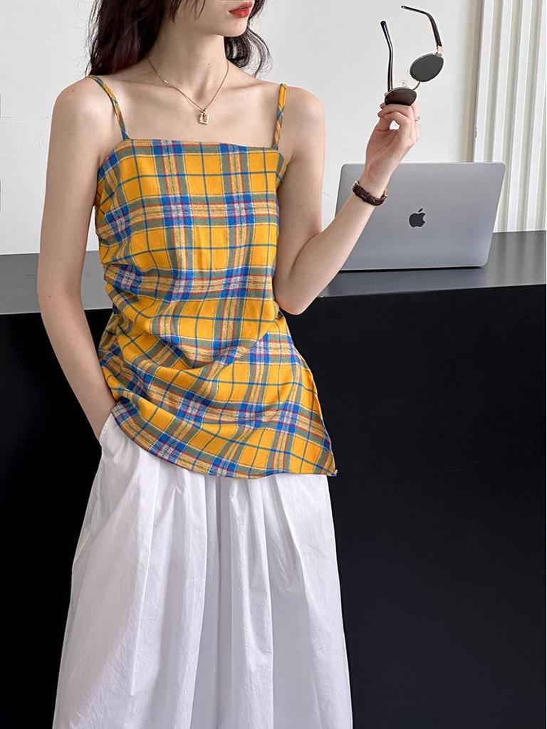 2024 Summer Orange Retro Color Block Plaid Irregular Camisole Sleeveless Top