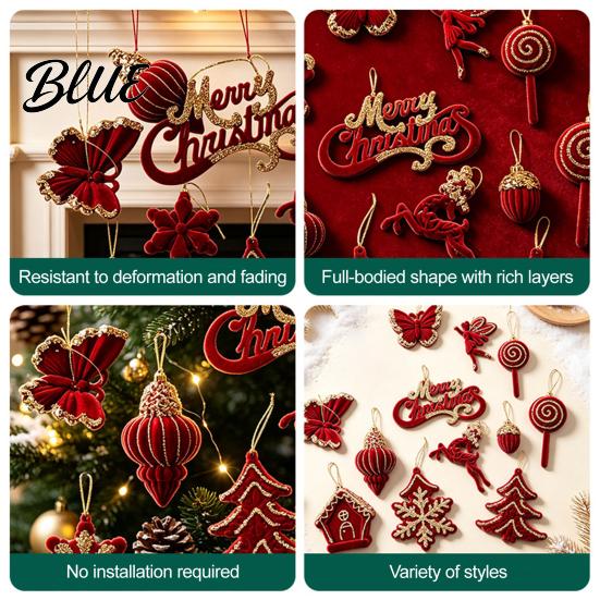 Lightweight Flocked Tree Hanging Soft Edging Retro with Gold Ornaments Christmas Red Velvet Flocking Fabric
