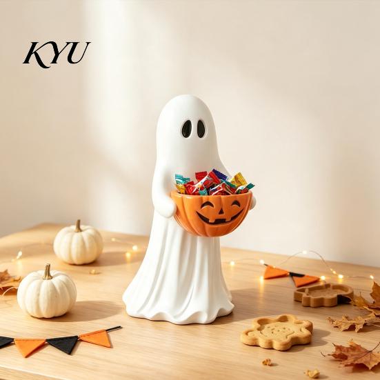 Festive Home Accents Halloween Ghost Figurine with Pumpkin Candy Bowl, Cute Resin Statue, Freestanding Vintage Style Ornament Trick or Treat