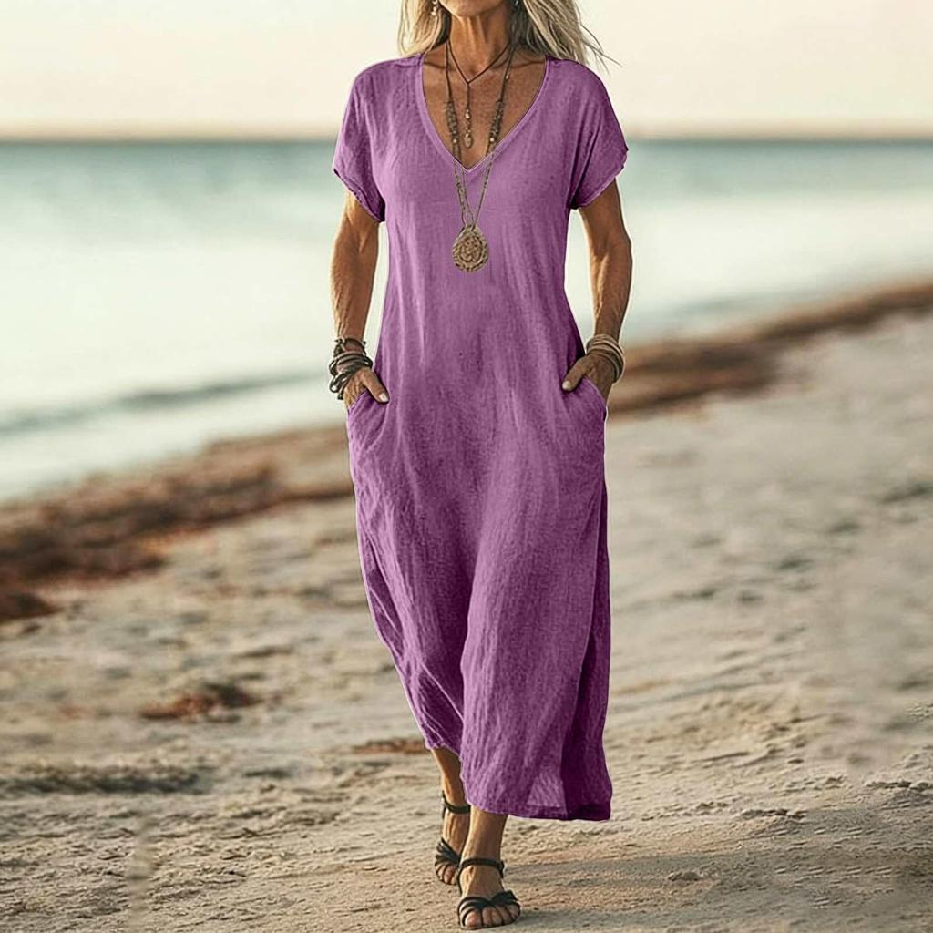 Casual V Neck Midi Sundresses for Women Loose Fit Dresses for Women Comfortable Summer Dresses Boho Dresses for Women 2026