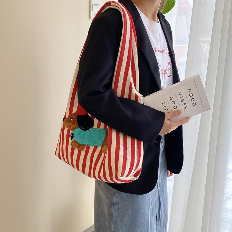 Cute Dog Embroidery Women's Shoulder Vest Bag Large Capacity Female Commute Shopping Bags Simple Striped Ladies Tote Handbags