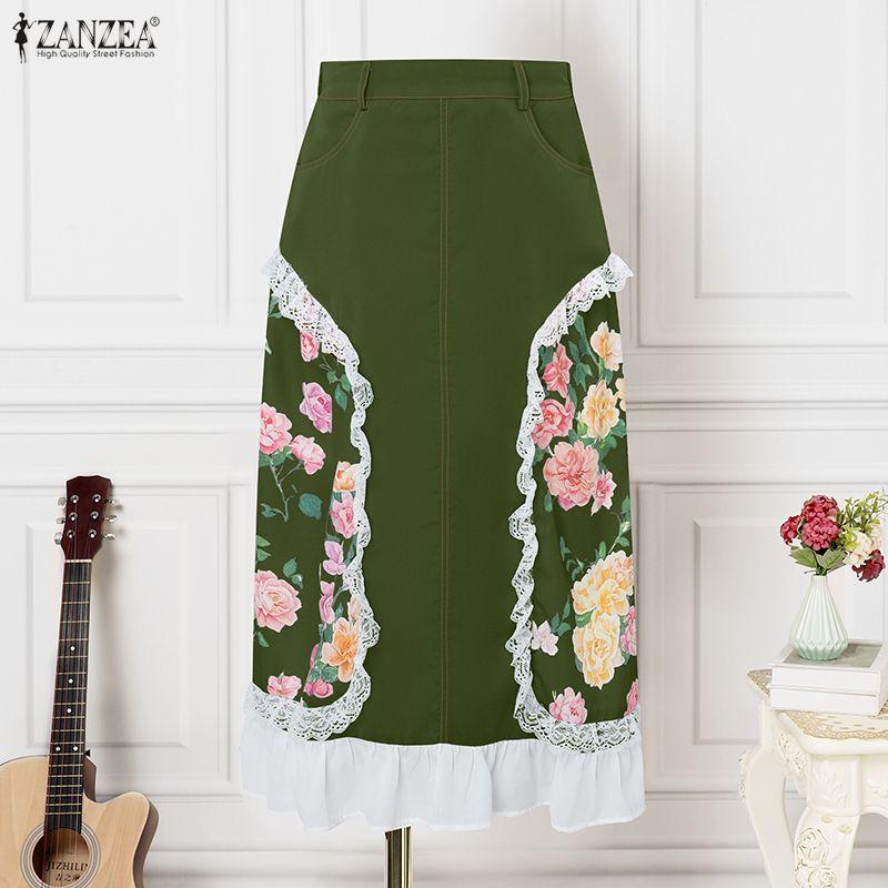 ZANZEA Women Casual Lace Splice Summer Floral Midi Skirts