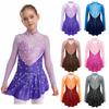 Kids Girls Figure Skating Dance Dresses Mock Neck Long Sleeve Color Block Sheer Mesh Patchwork Shiny Rhinestones Dress