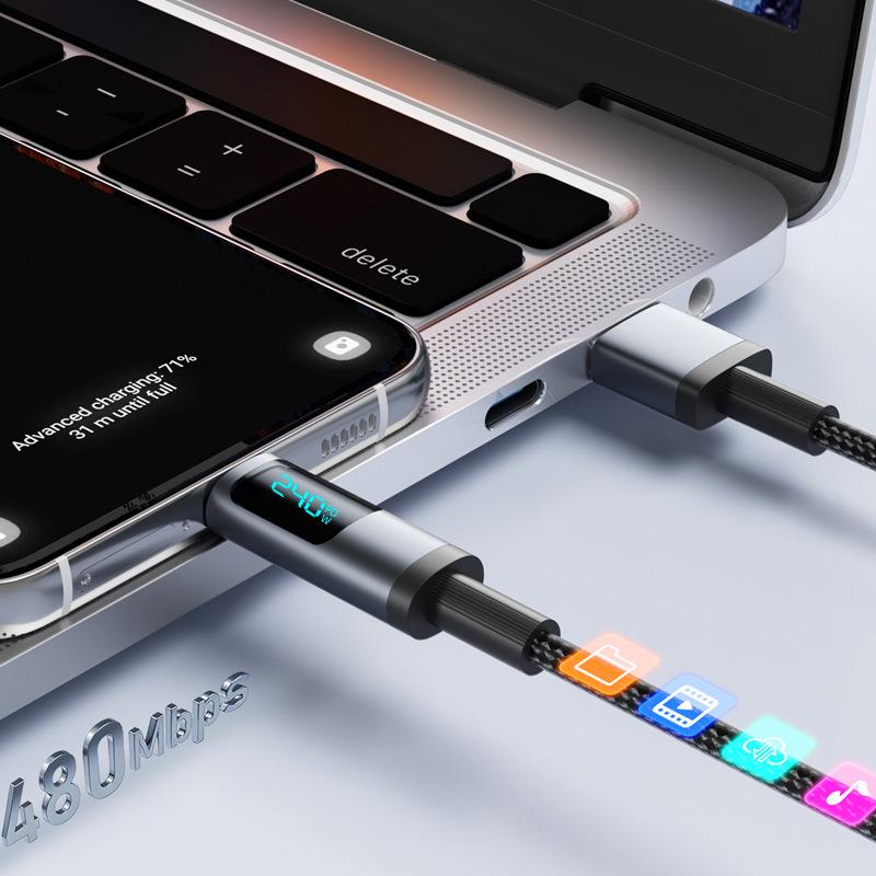 240W Fast Charging USB-C Cable with Digital Display for Apple, Huawei Laptops & Car Chargers