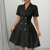 Ladies V-neck Fashion Color Double-breasted Waist Short Sleeve Dress