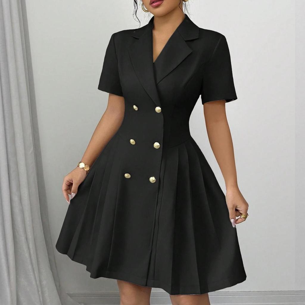 Ladies V-neck Fashion Color Double-breasted Waist Short Sleeve Dress