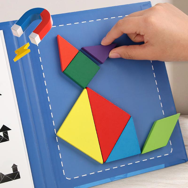 Montessori Magnetic Tangram Wooden Puzzle Book for Children Jigsaw Portable Educational Learning Intelligence Toys for Baby Kids