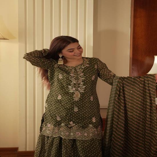 Elegant Deep Olive Georgette Sharara Set with All-Over Print and Zari Highlights M