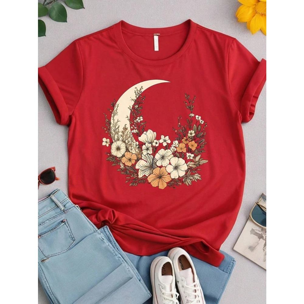

Womens T-Shirt Flowers Moon Printing Short Sleeve Breathable Summer Street Tees Tops Clothes S