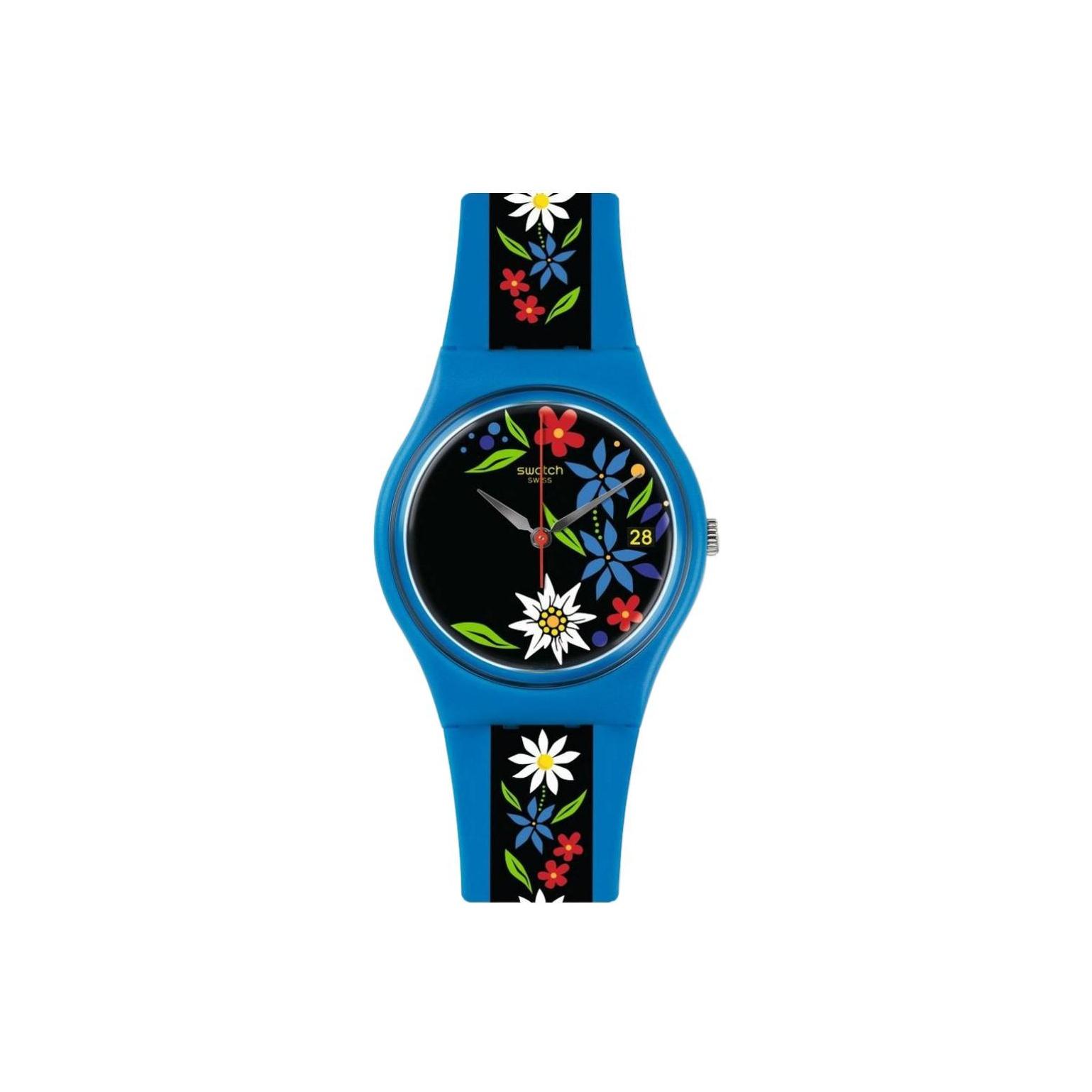 Swatch Quartz Movement Blue Universal Waterproof Date Display Watch 34Mm Black Dial Plastic Case Silicone Strap Unisex watches GN412 Blue