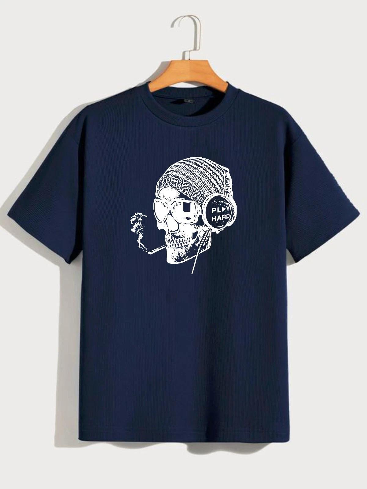 Play Hard Smoking Skull T-Shirt, Headphones Hipster Music Graphic Men s Tee S