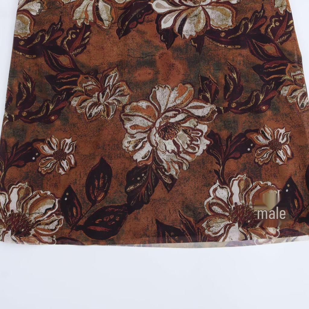 2024 Autumn Women's European & American Style Slim Silk Mesh Print Dress