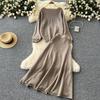 Women's Brown Knit Set with Round Neck Top and High-Waist Midi Skirt