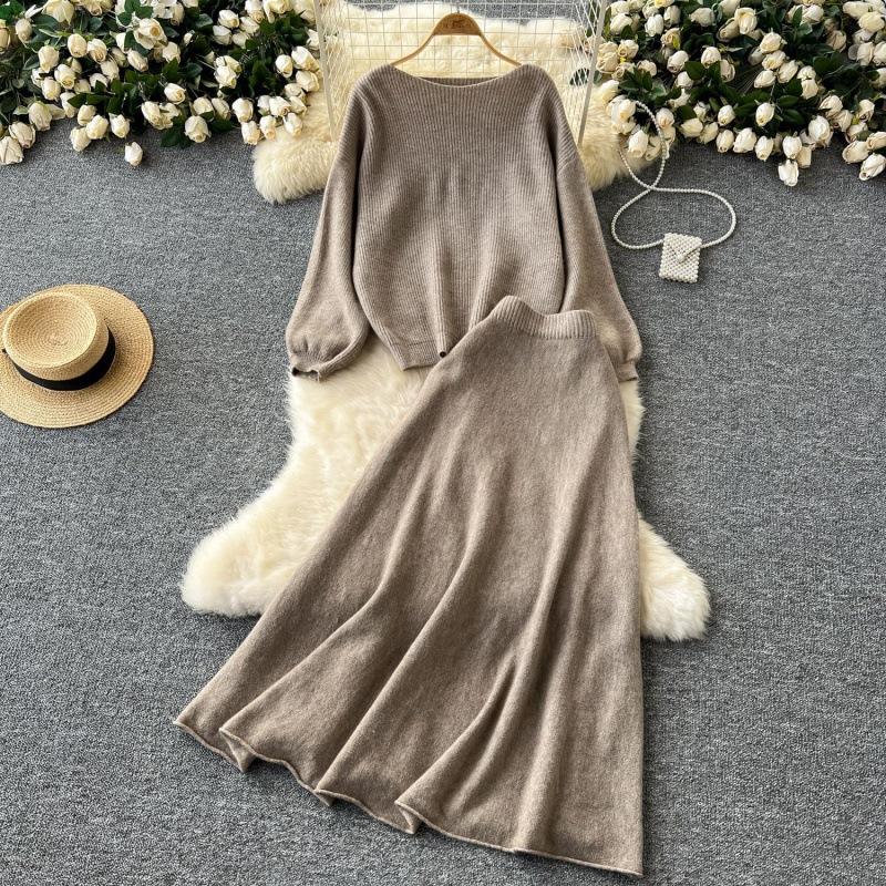 Women's Brown Knit Set with Round Neck Top and High-Waist Midi Skirt