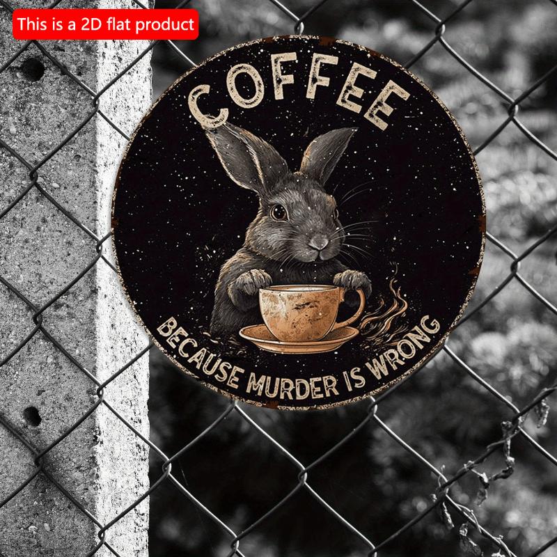 2D Flach 20*20cm, Vintage Heimdeko, Hase "Kaffee weil Mord falsch ist" hölzernes Rundlogo, für Zuhause, Café, Bar Deko.