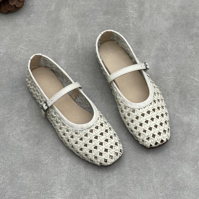 Johnature Handmade Cowhide Woven Hollow Women's Shoes Breathable Comfortable Genuine Leather Flat Sandals