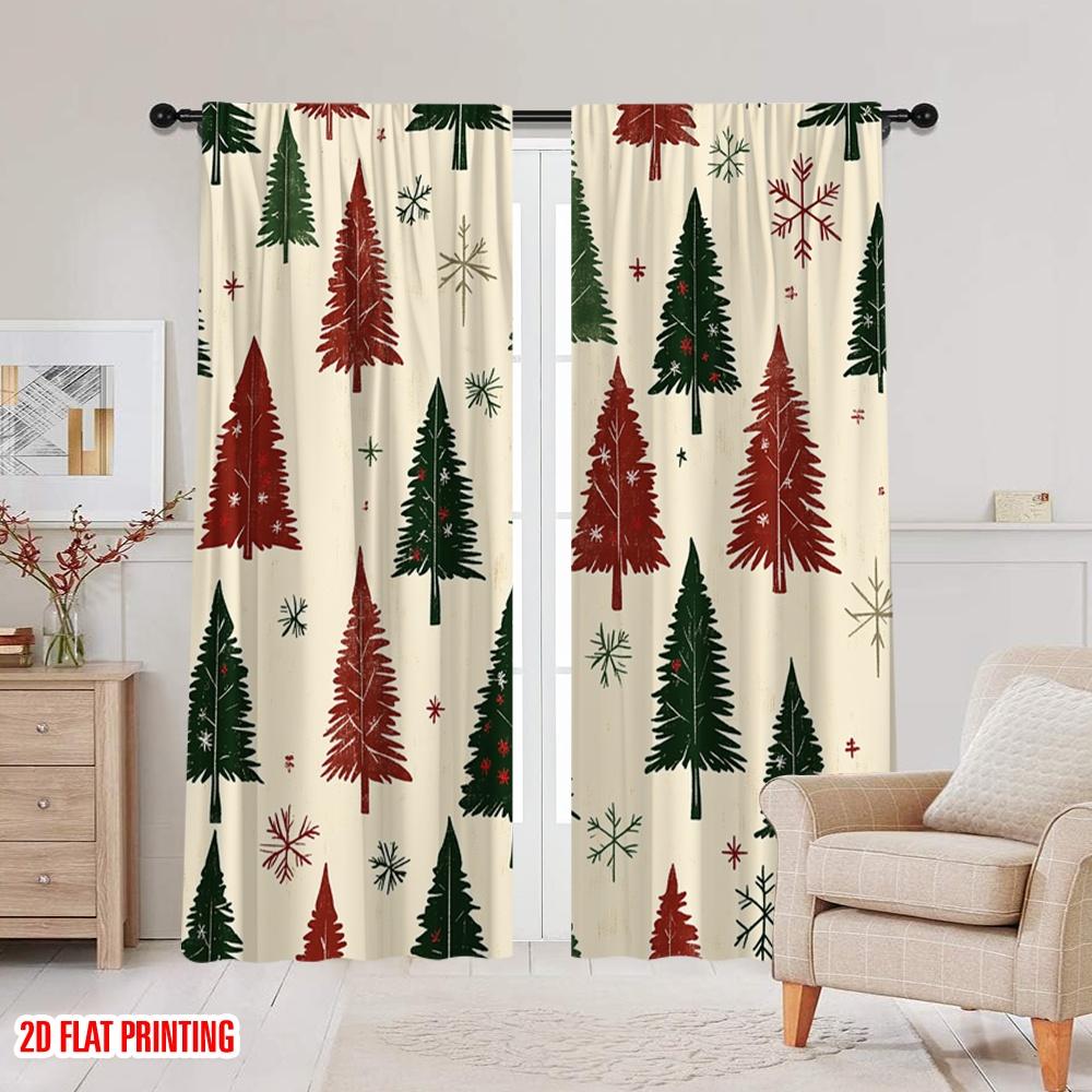 2pcs,2D Plane Printing Curtain Popular Christmas Trees Snowflakes Holiday (3) Durable 100% Polyester Fabric (without Rod)