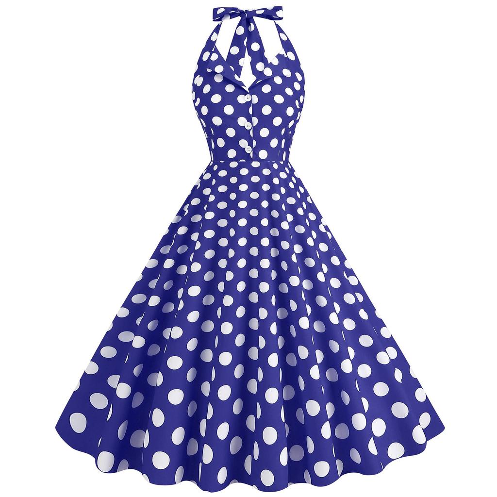 1950er Vintage Polka Dot Neckholder Rückenfreies Swing-Kleid mit Hepburn-Kragen
