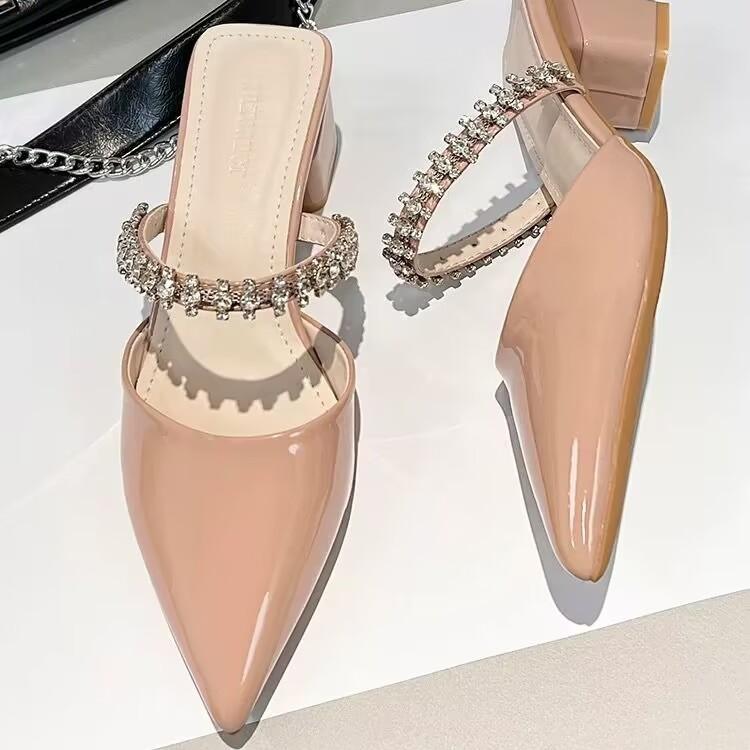 Fashion French High-end Half-slipper 2025 New Style, Fashionable and Elegant, Pointed-toe Rhinestone Flip-flops for Outdoor Wear