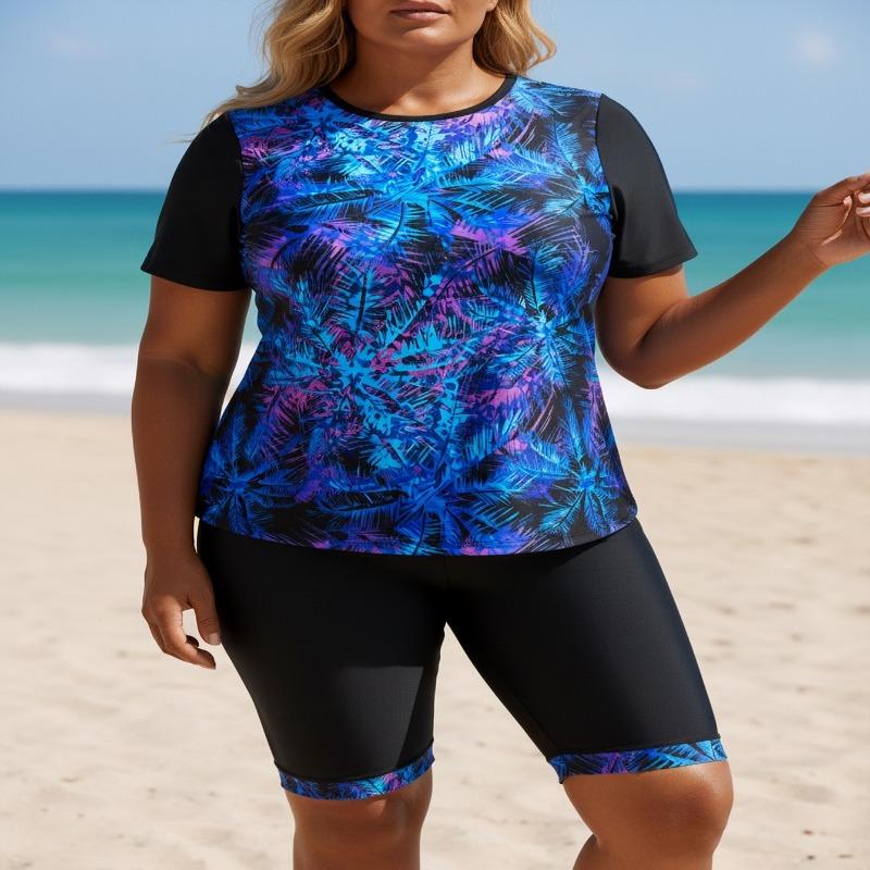 Women S Plus Size Split Swimsuit Printed Blue Coconut Tree Sleeveless Swimwear
