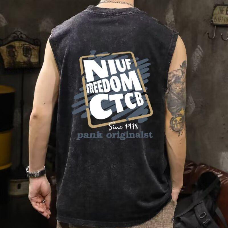 

Men s Summer Sports Casual Sleeveless Vest for Male Students, Loose Fit, Versatile, Sweat-Absorbent, Washed Vintage Style T-Shirt Vest M сірий колір