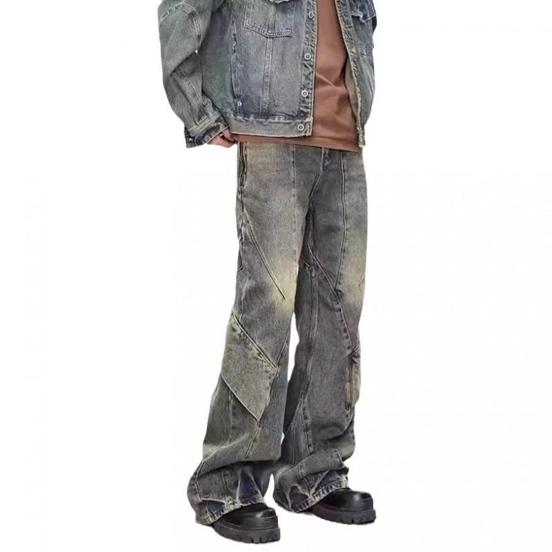 Mens Vintage Washed Distressed Denim Jeans High Waist Irregular Patchwork Flared Cut