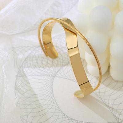 Yousheng Glossy Metal Cuff Bangle Double Layer Geometric Irregular Cross Ripple Opening Jewelry Bangle Women Girls Party