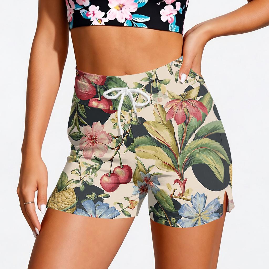 Womens Drawstring Waist Tropical Print Shorts with Elastic Lightweight Casual Loose Fit Summer Beachwear for Daily Use