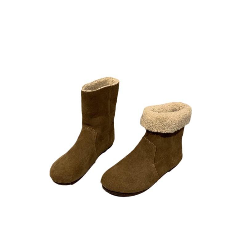Soft leather version~ Two wear snow boots women's 2024 winter new Mori retro lamb wool short boots velvet cotton shoes